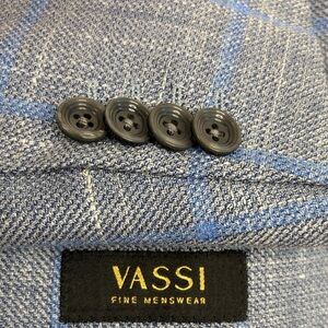 Vassi Sport Coat Mens 46R Blue Windowpane Wool Silk Linen Casual Made in Canada